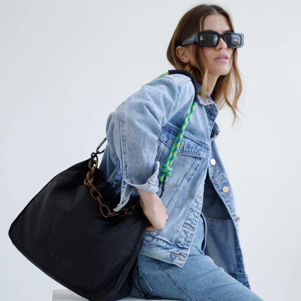 Black Shoulder Bag with Green Rope Strap